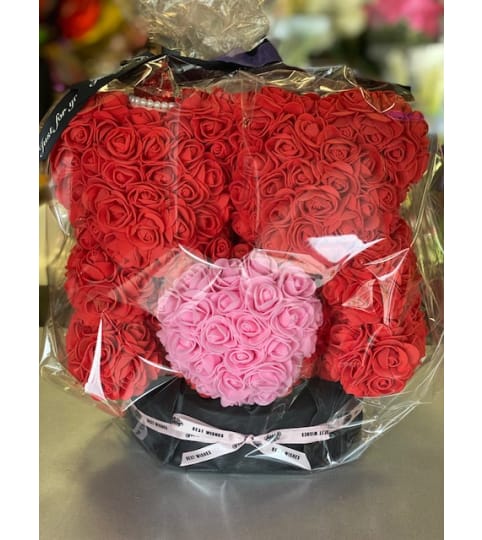 Special Foam Rose Teddy Bear. An arrangement by Flamingo Floral and Gifts.