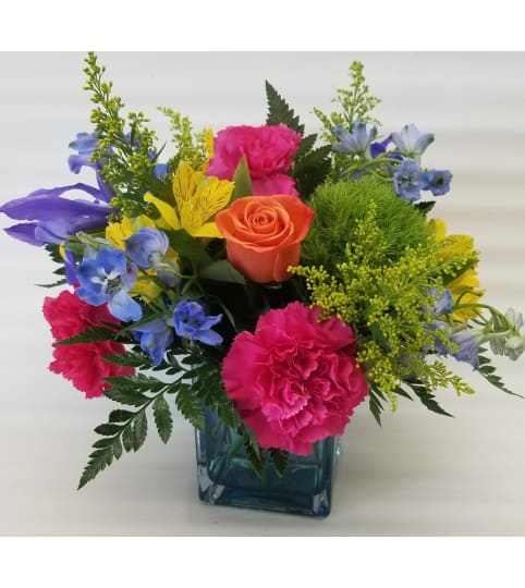 Bright Blue Cheer. An arrangement by Clemmons Florist Inc..