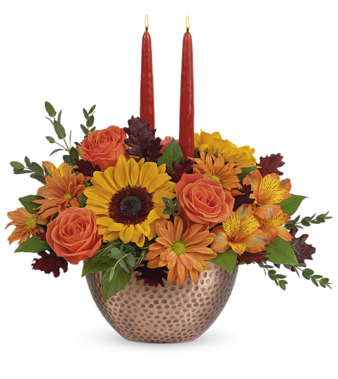 Autumn Copper Centrepiece. An arrangement by Mardi Gras Florist.