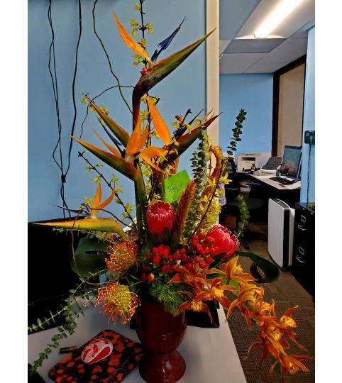 IN A TROPICAL MOOD. An arrangement by Rosemar Flowers and Gifts.