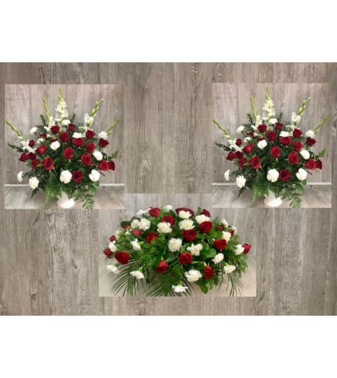 Red & White Tribute Package (1 Casket Spray & 2 Arrangements)