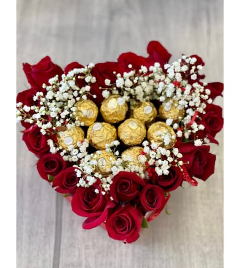Red Roses in a Heart Box with Ferrero