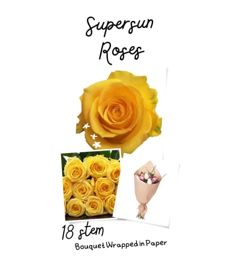 One Dozen Supersun Yellow Roses Wrapped. An arrangement by Roma James Gifts.