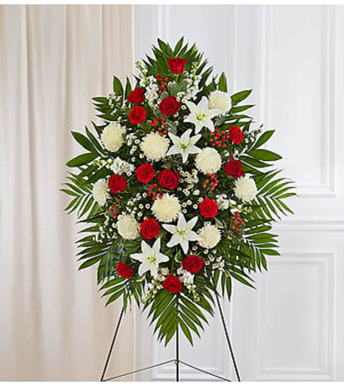 Elegant Red & White Sympathy Standing Spray