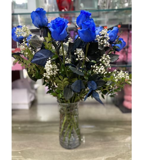 DOZEN BLUE ROSES VASED