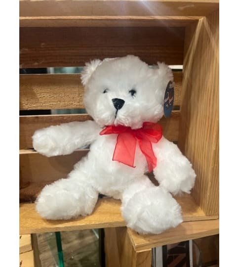 10" Chenille Plush White Bear with Red Bow