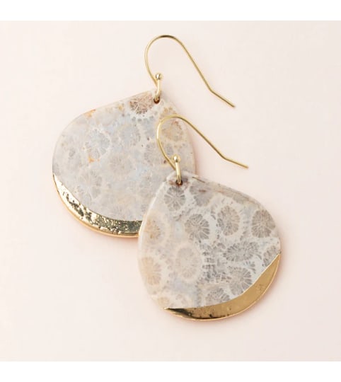 Earring - Stone Dipped Teardrop - Fossil Coral/Gold