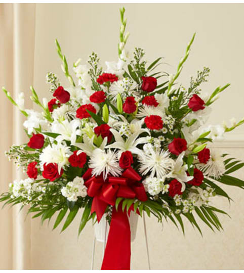 Garden Standing Basket Red and White. An arrangement by Garden Florist.