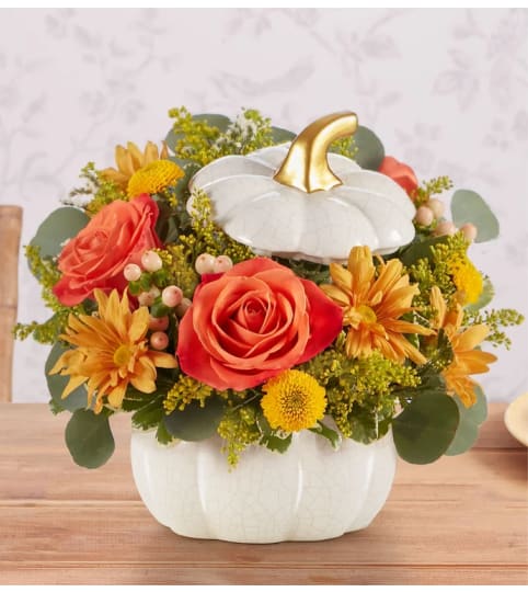 Elegant Autumn White Pumpkin™ Floral Arrangement