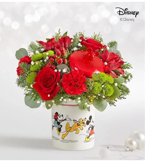 MICKEY HOLIDAY COOKIE JAR. An arrangement by J.D. Ballantine's Flowers and Gifts.