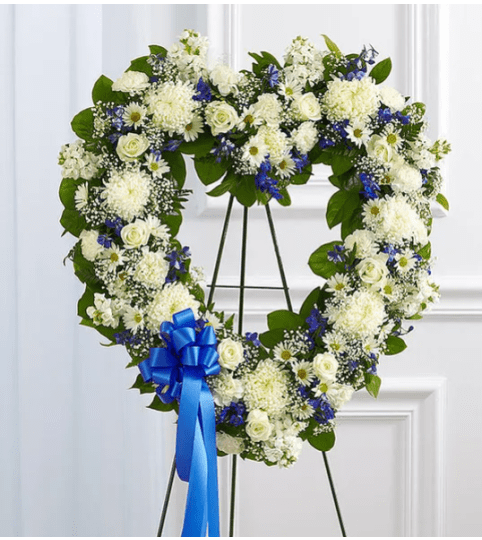 Standing open Heart Blue and White Floral Arrangement