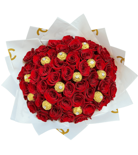 50 Red Roses & Chocolates Wrapped Bouquet