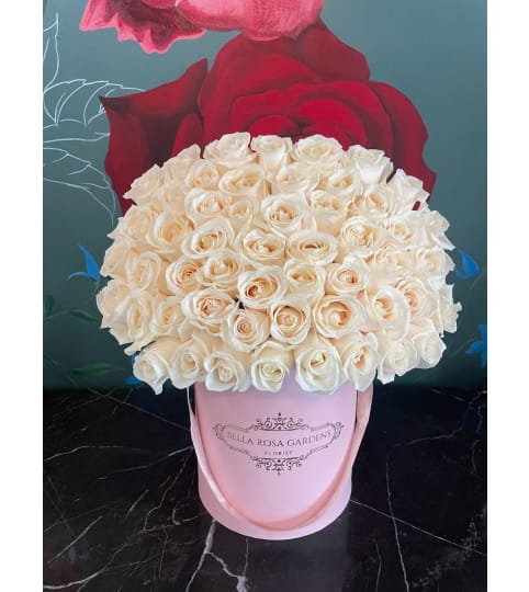 50 white roses French dome box. An arrangement by BellaRosa Gardens.