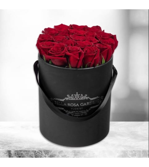 MI Bella red rose box. An arrangement by BellaRosa Gardens.