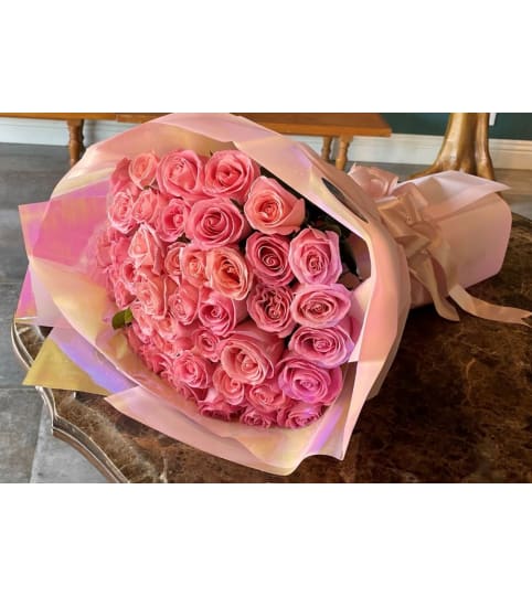 50 Hermosa pink roses bouquet. An arrangement by BellaRosa Gardens.