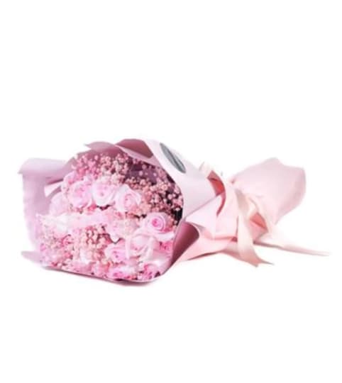 PINK BABYS BREATH PINK ROSE BOUQUET. An arrangement by BellaRosa Gardens.