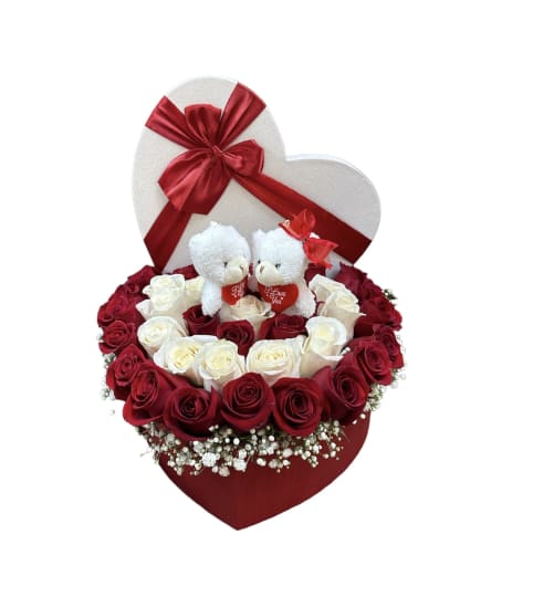 Red and White BearyHeart Box. An arrangement by Rose Flowers.