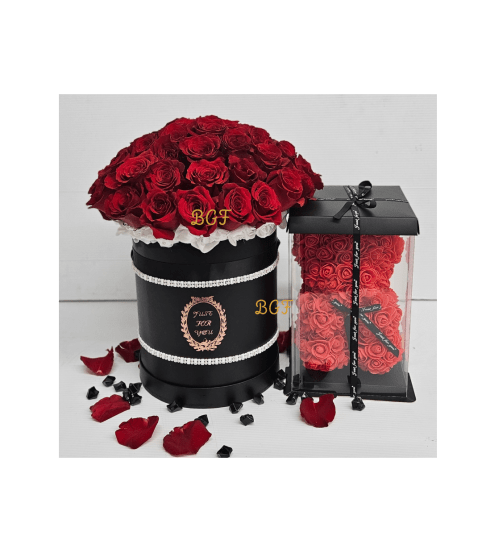 Red Rose box with Glamour Bear. An arrangement by Brickell Exclusive Blooms.