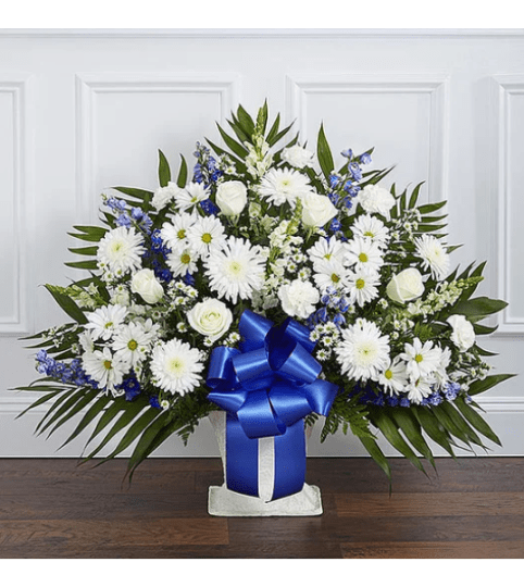 FLOOR BASKET- WHITE AND BLUE. An arrangement by Garden Florist.