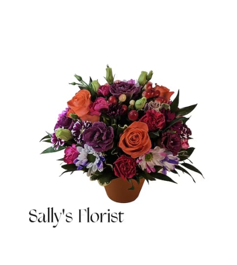 Sally's Happy Clay Day. An arrangement by Triple A Florist.