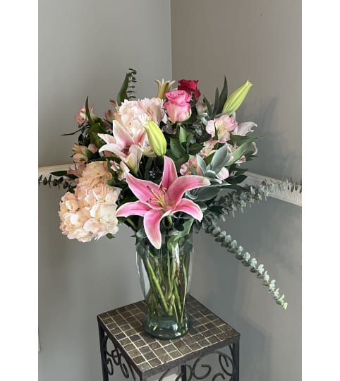 Blushing Lily and Rose Delight. An arrangement by Kelly Ann's Floral.