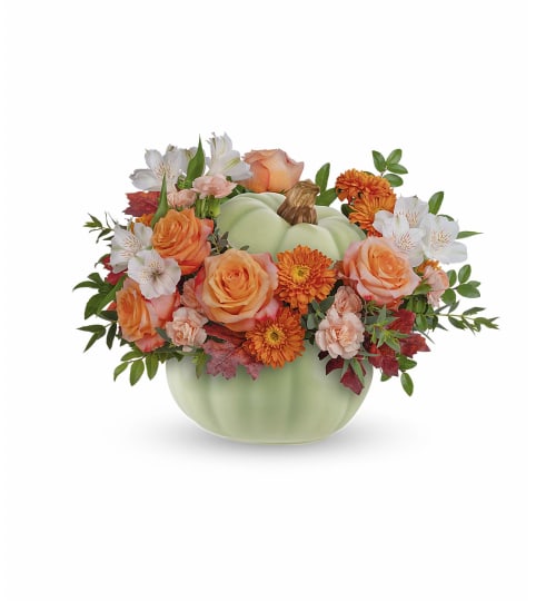 Whimsy Pumpkin by Teleflora. An arrangement by Sueppel's Flowers.