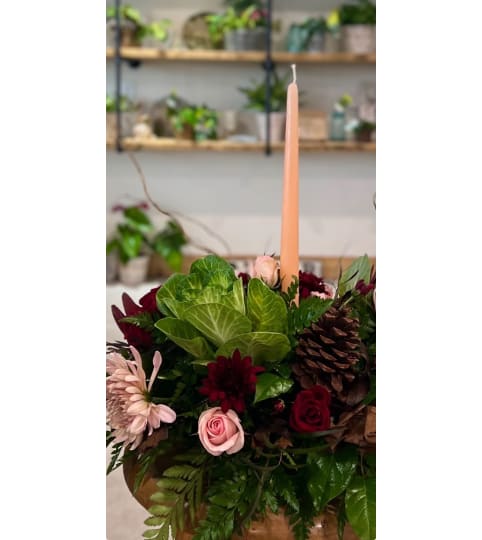 Designers Choice Autumn Candlelit Centerpiece. An arrangement by The Farm and Floral Market.
