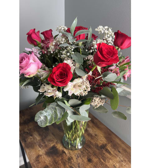 Crimson and Blush Harmony. An arrangement by Kelly Ann's Floral.