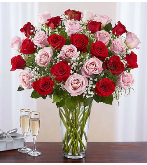 ULTIMATE ELEGANCE PINK AND RED ROSES. An arrangement by J.D. Ballantine's Flowers and Gifts.