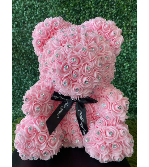 Pink Diamond Rose Bear. An arrangement by Flower World and Gifts.