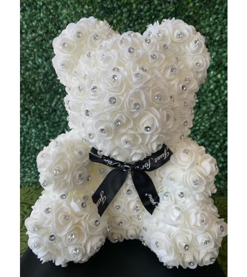 White Diamond Rose Bear. An arrangement by Flower World and Gifts.