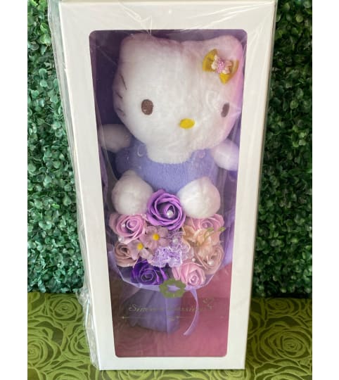 Purple Plush Kitty and Rose Bouquet Gift Box. An arrangement by Flower World and Gifts.