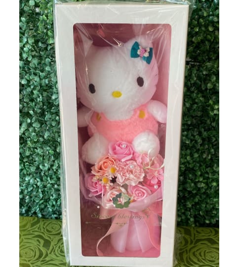 Pink Plush Kitty and Rose Bouquet Gift Box. An arrangement by Flower World and Gifts.