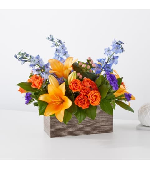 Radiant Citrus Box. An arrangement by Sueppel's Flowers.