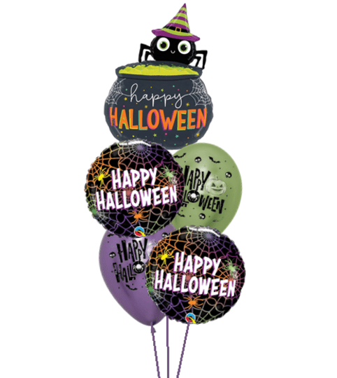 Junior Halloween Spider Web Cauldron Cheerful Balloon Bouquet. An arrangement by Balloon Bouquets Plus.