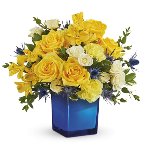 Golden Blue Bouquet TEV70-4A. An arrangement by Jennifer's Flowers and Gifts.