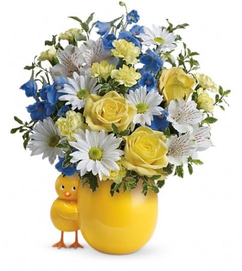Teleflora's Sweet Peep Bouquet - Baby Blue. An arrangement by Pompano Beach Floral.
