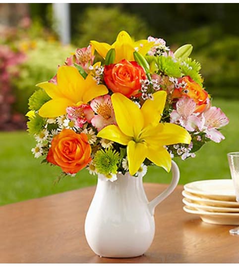 Fields of Europe™ in White Ceramic Pitcher. An arrangement by Blessing and Blooms Florist.