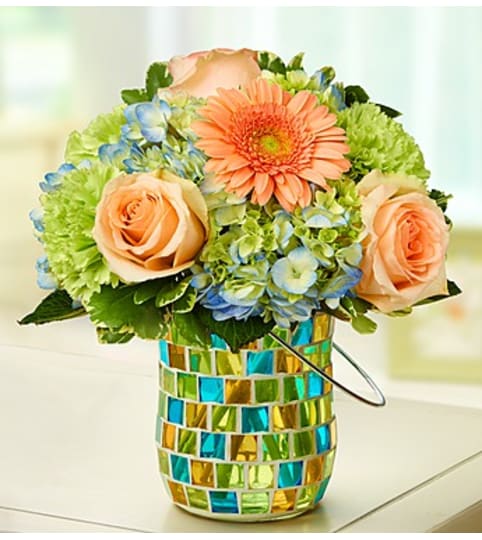 Coastal Garden in Mosaic Vase. An arrangement by Blessing and Blooms Florist.