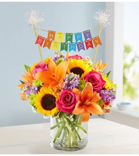 The Floral Embrace™ with Happy Birthday Banner