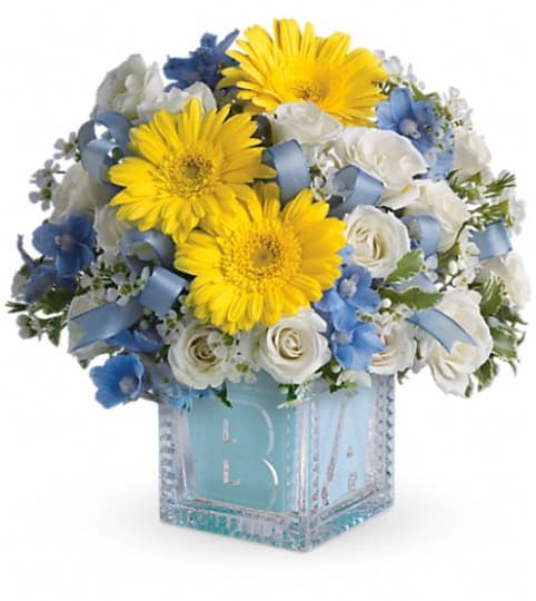 Baby's First Block by Teleflora - Blue. An arrangement by Pompano Beach Floral.