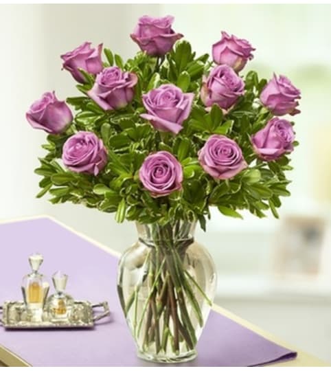 Purple Roses in Clear Vase