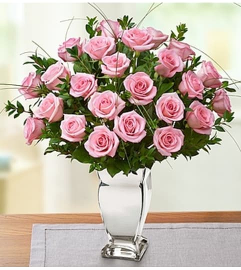 Premium Pink Roses in Silver Vase. An arrangement by Blessing and Blooms Florist.