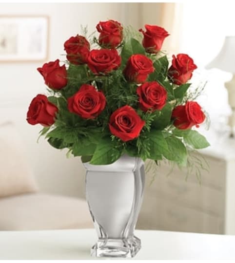 12 Red Premium Long Stem Roses in Silver Vase