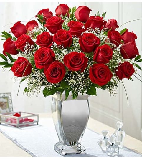 Premium Long Stem Red Roses in Silver Vase. An arrangement by Blessing and Blooms Florist.