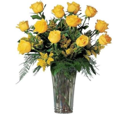 1 Dozen Beautiful Yellow Roses Long Stemmed in Vase