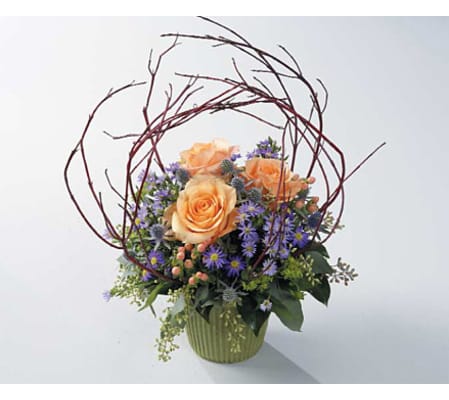 Peach Roses in Green Mache with Branches