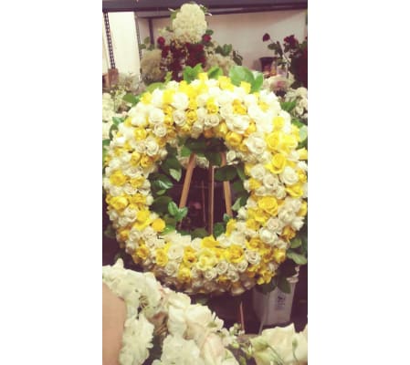 all white and yellow rose wreath