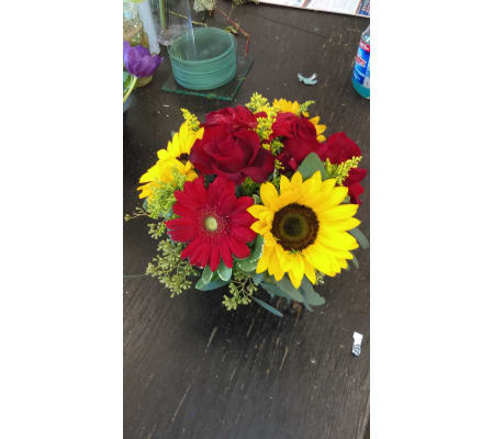 sun flowers and red gerber daisies