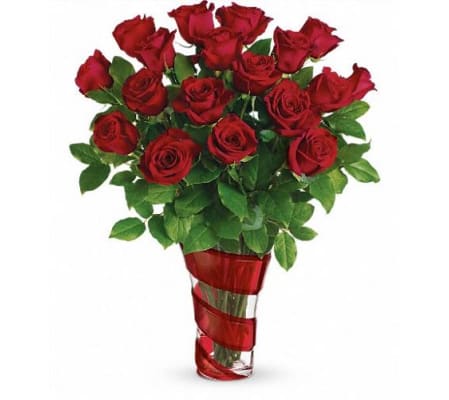 Swirling Hearts Vase With Red Roses